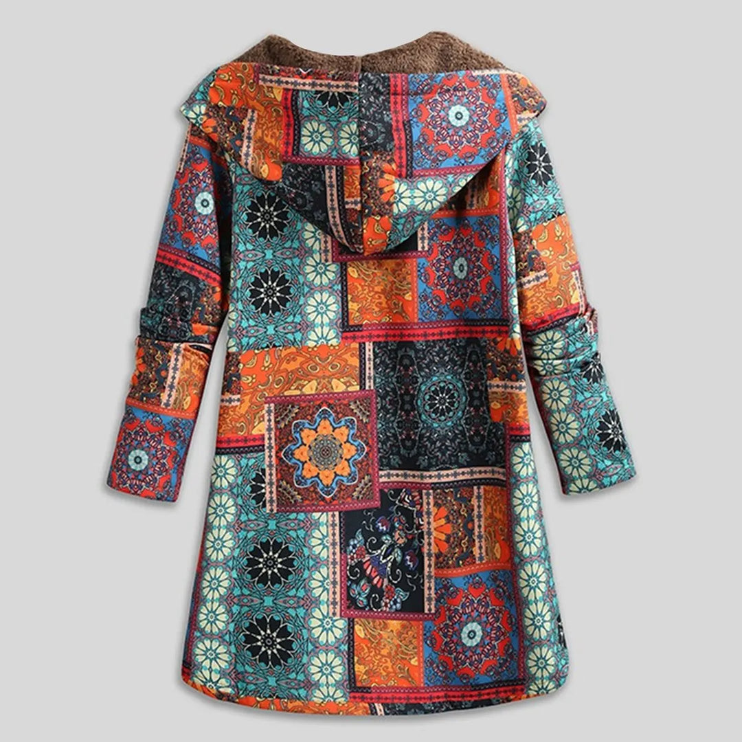 Huna - Vintage Lockere Kapuzen-Blumen-Fleece-Winterjacke